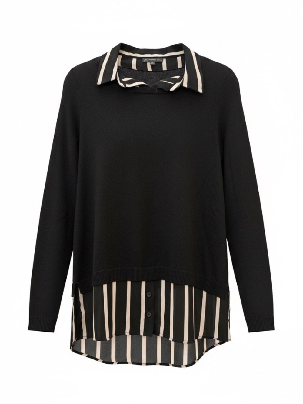Adrianna Papell Black Sweater with Black & White Striped Shirt Detail Sz M